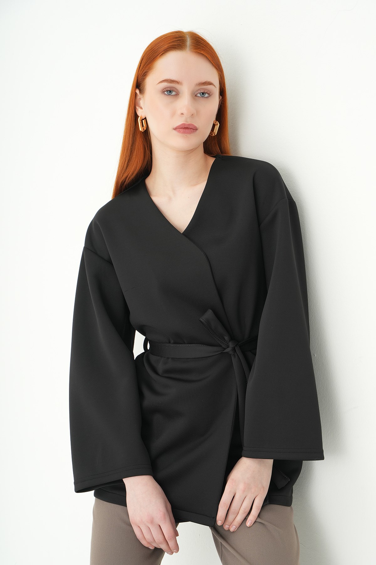 Kuşaklı Geniş Kol Kimono 3068A Siyah