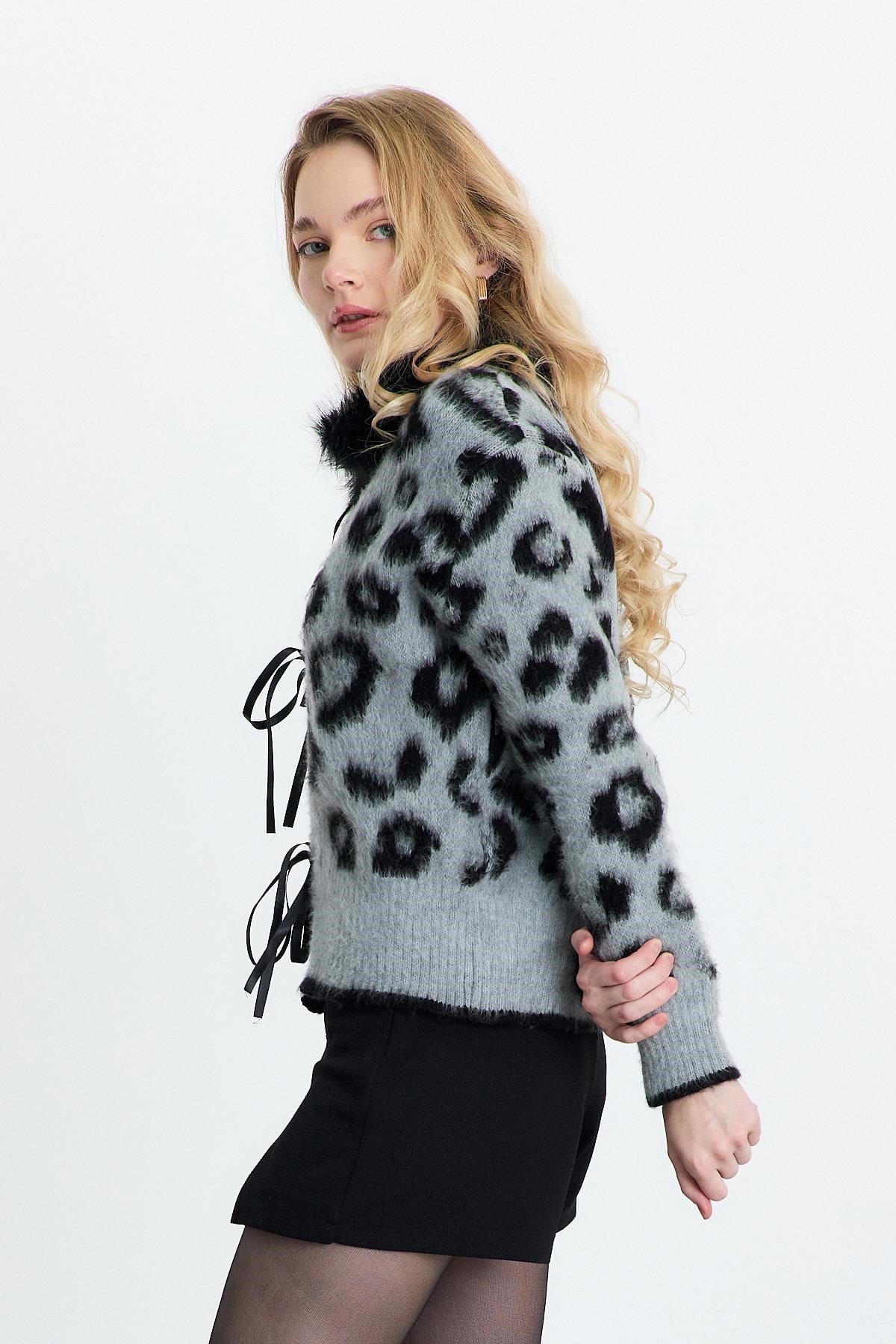 Kürklü Leopar Hırka 22289 Gri 8
