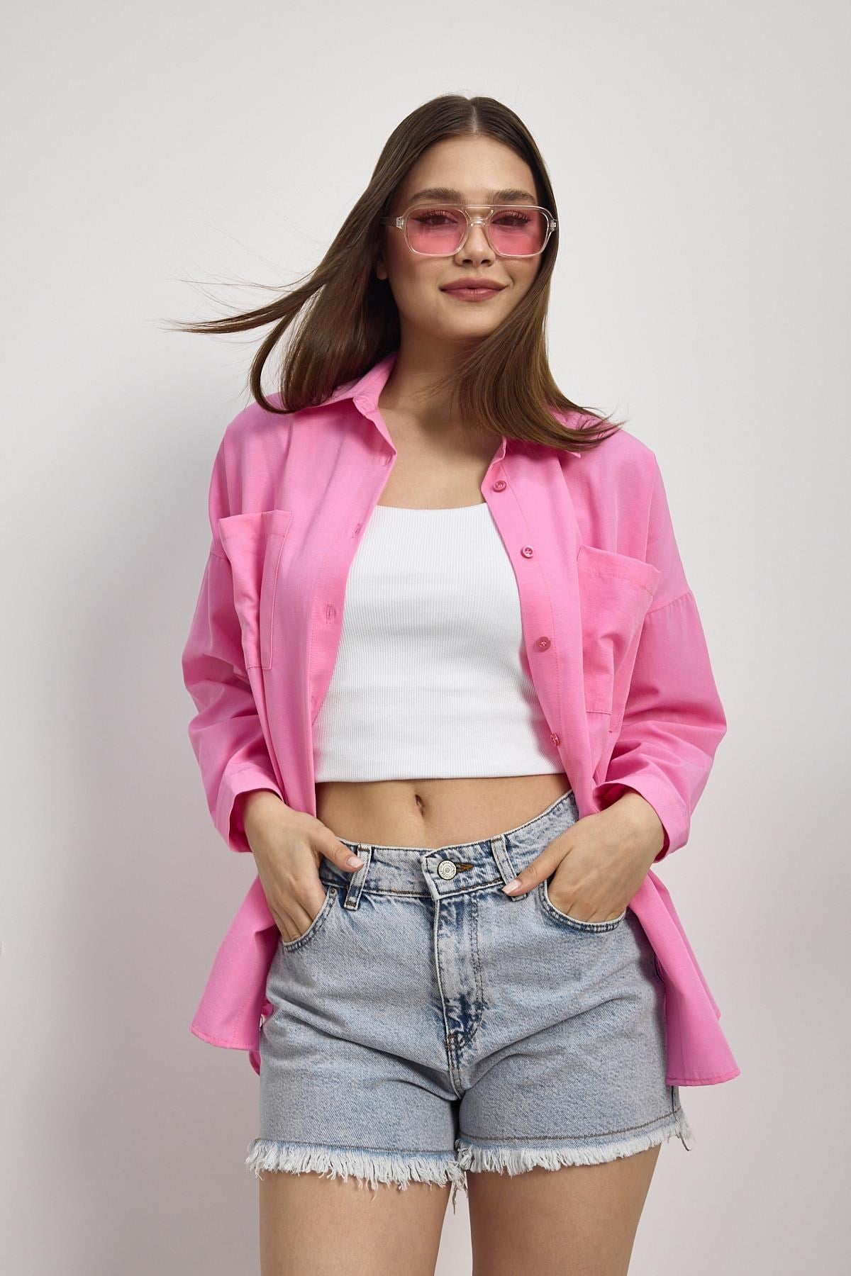 Şeker Pembe Çift Cepli Oversize Uzun Basic Gömlek TCR 6256A 2