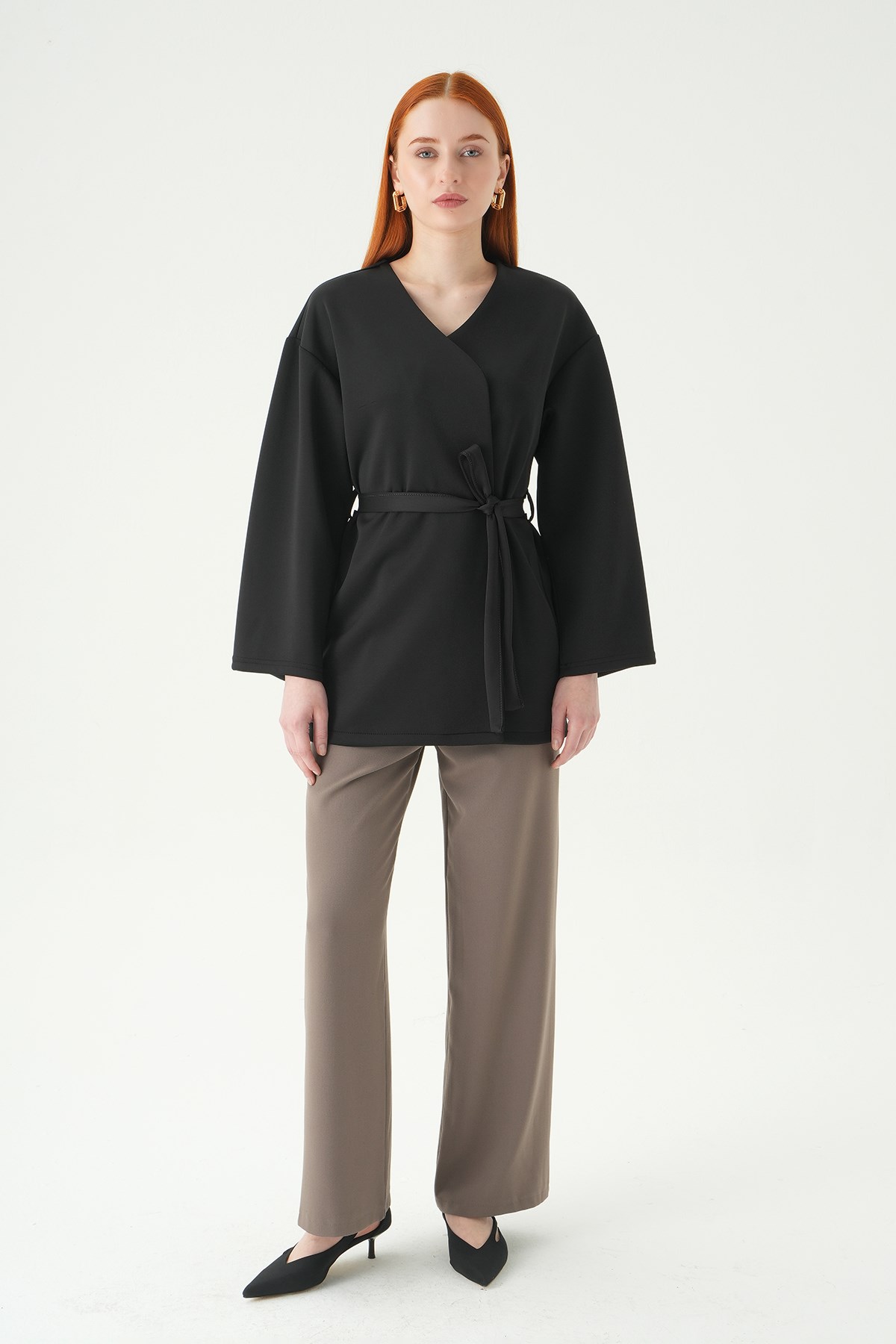 Kuşaklı Geniş Kol Kimono 3068A Siyah 3
