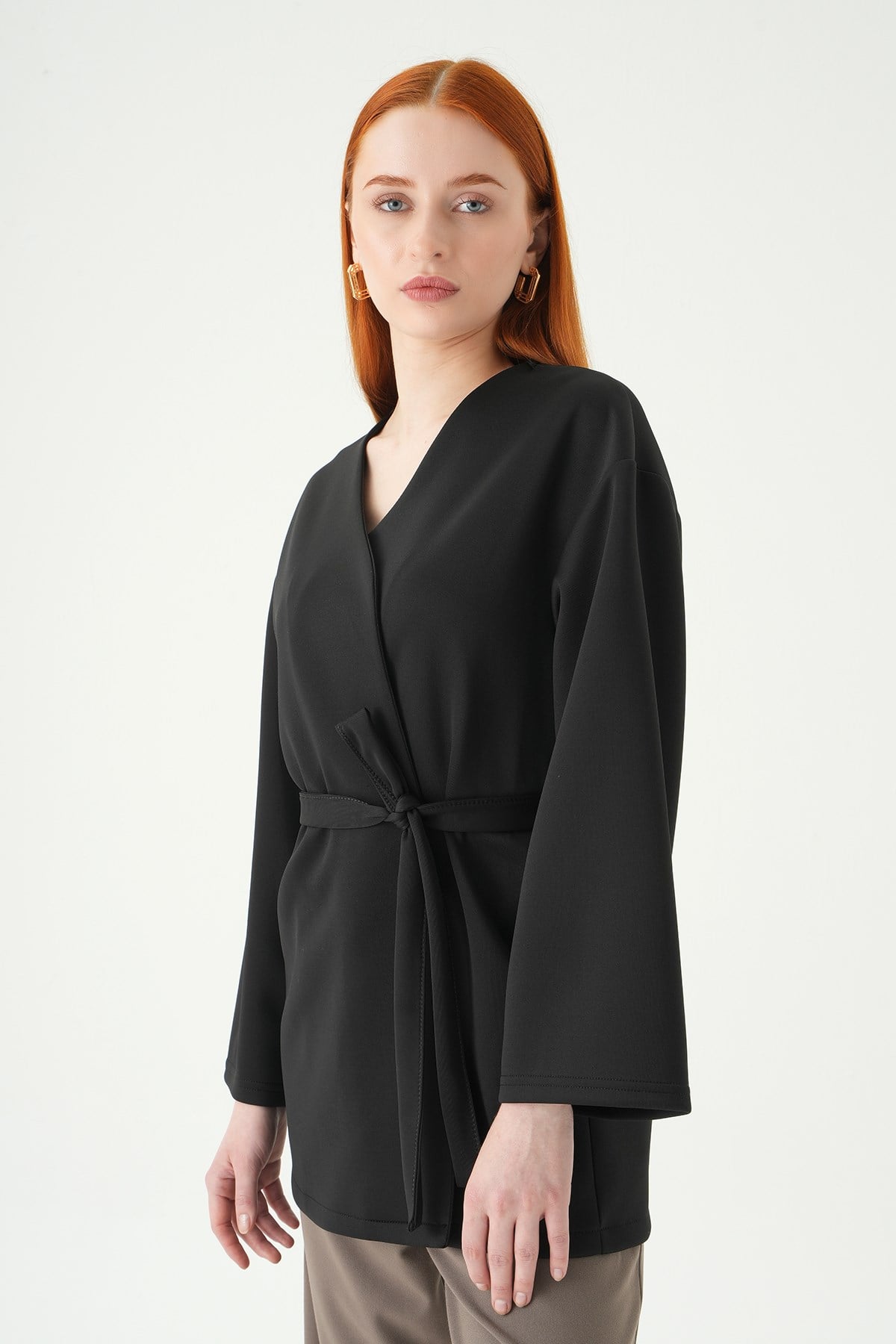 Kuşaklı Geniş Kol Kimono 3068A Siyah 6