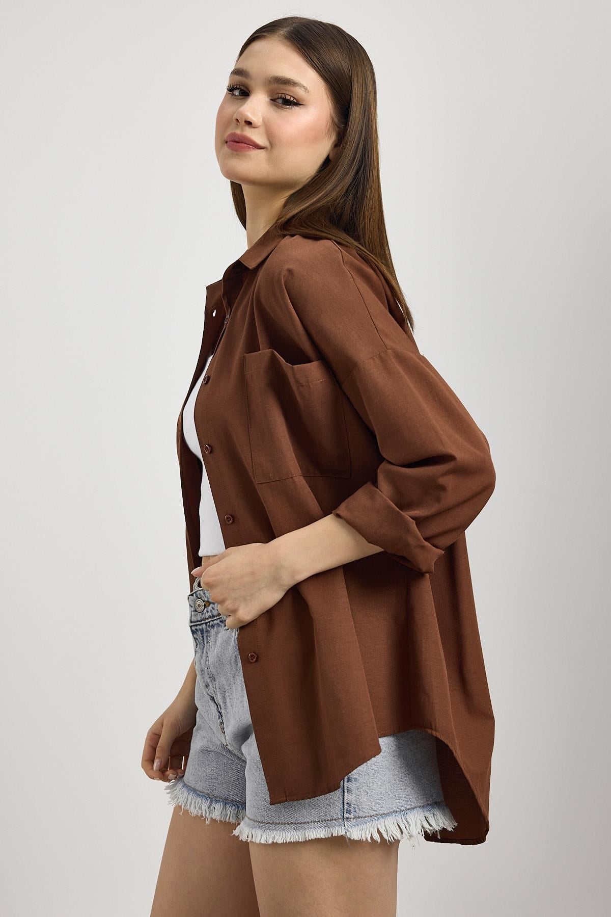 Kahve Çift Cepli Oversize Uzun Basic Gömlek TCR 6256A 6