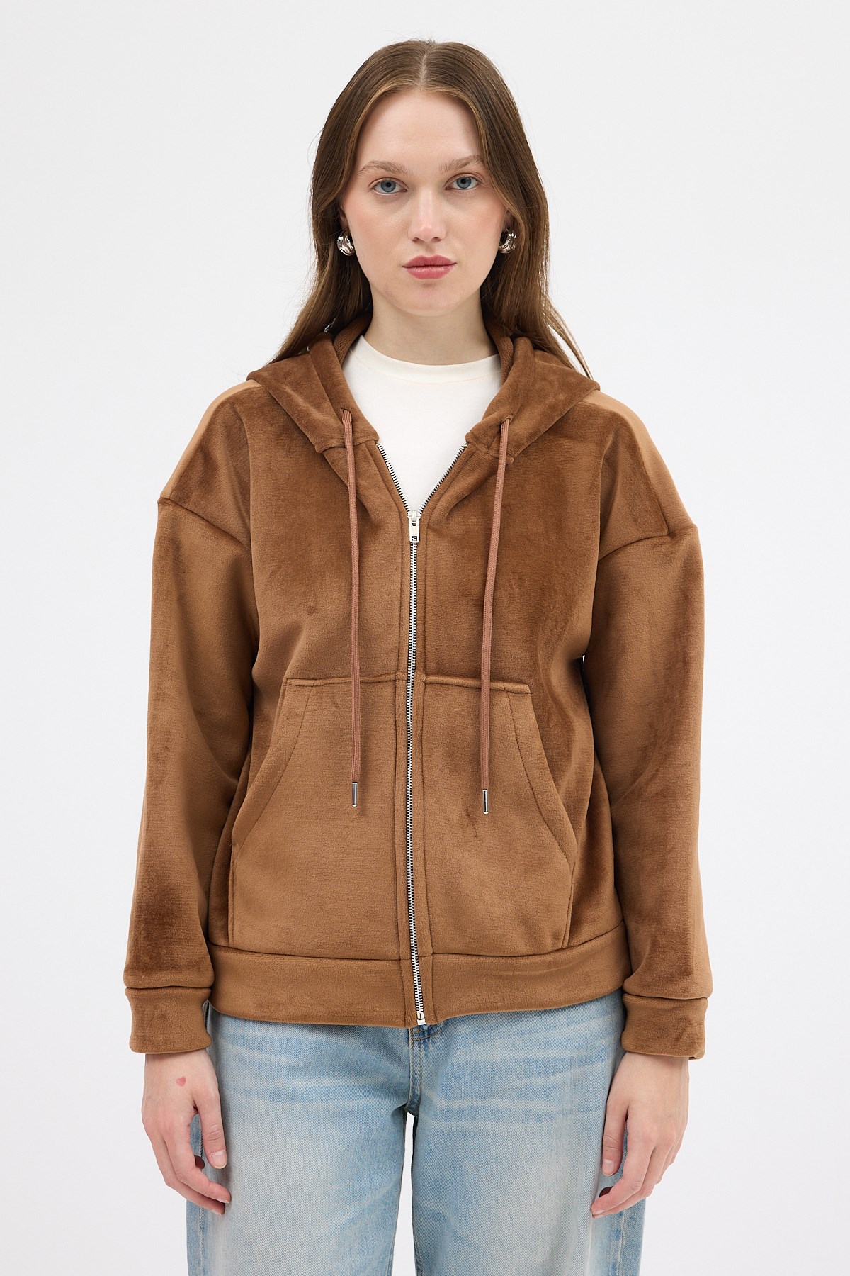 Taba Kadın Fermuarlı Kapüşonlu Sweatshirt 3059A 2