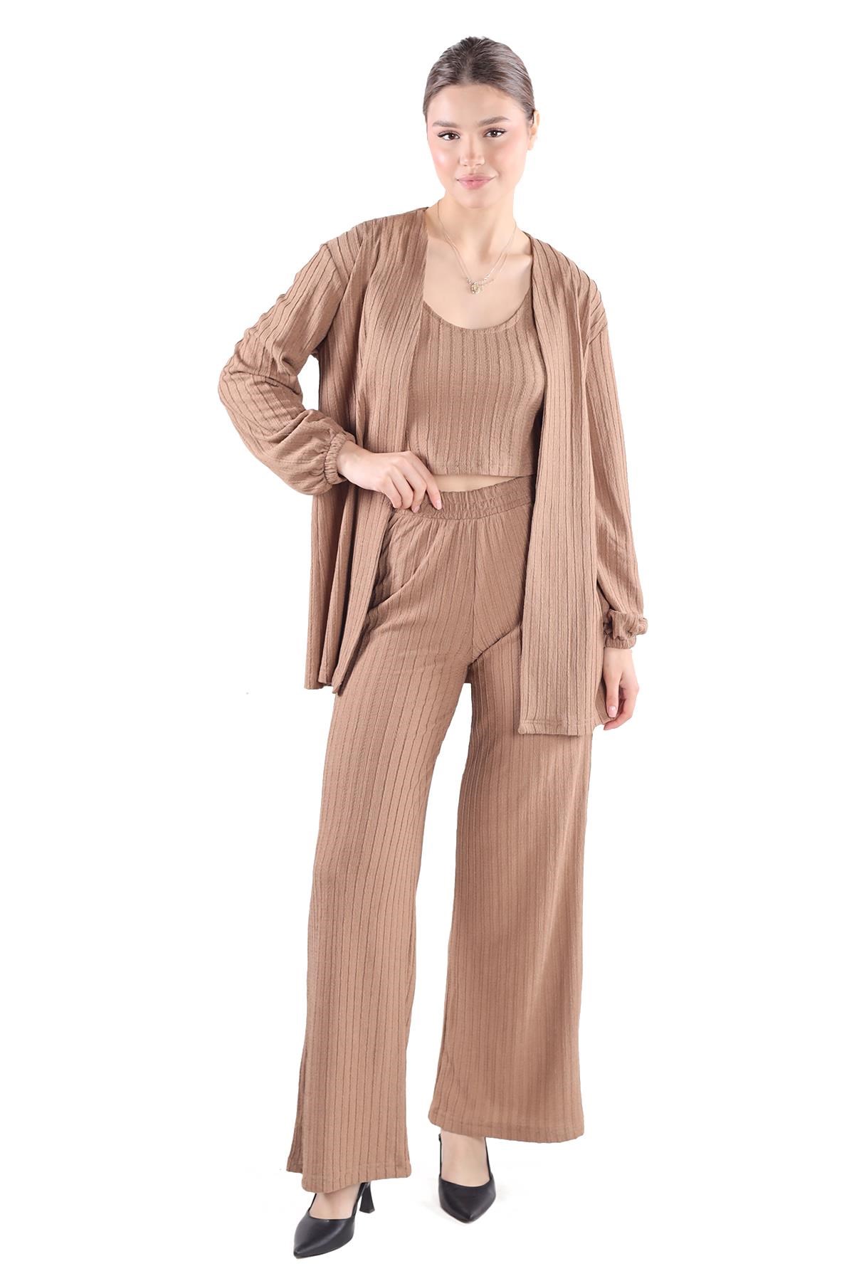3'lü Kimono Bluz Pantolon Takım 7002 Vizon