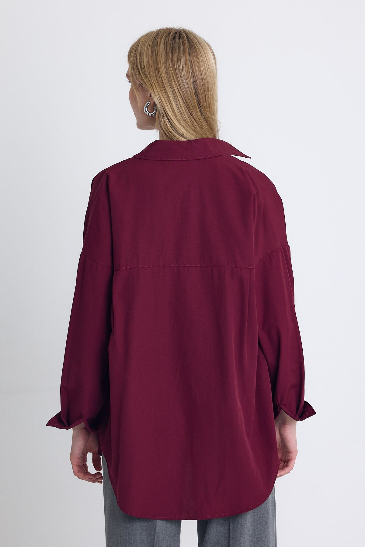 Bordo Çift Cepli Oversize Uzun Basic Gömlek TCR 6256A 5