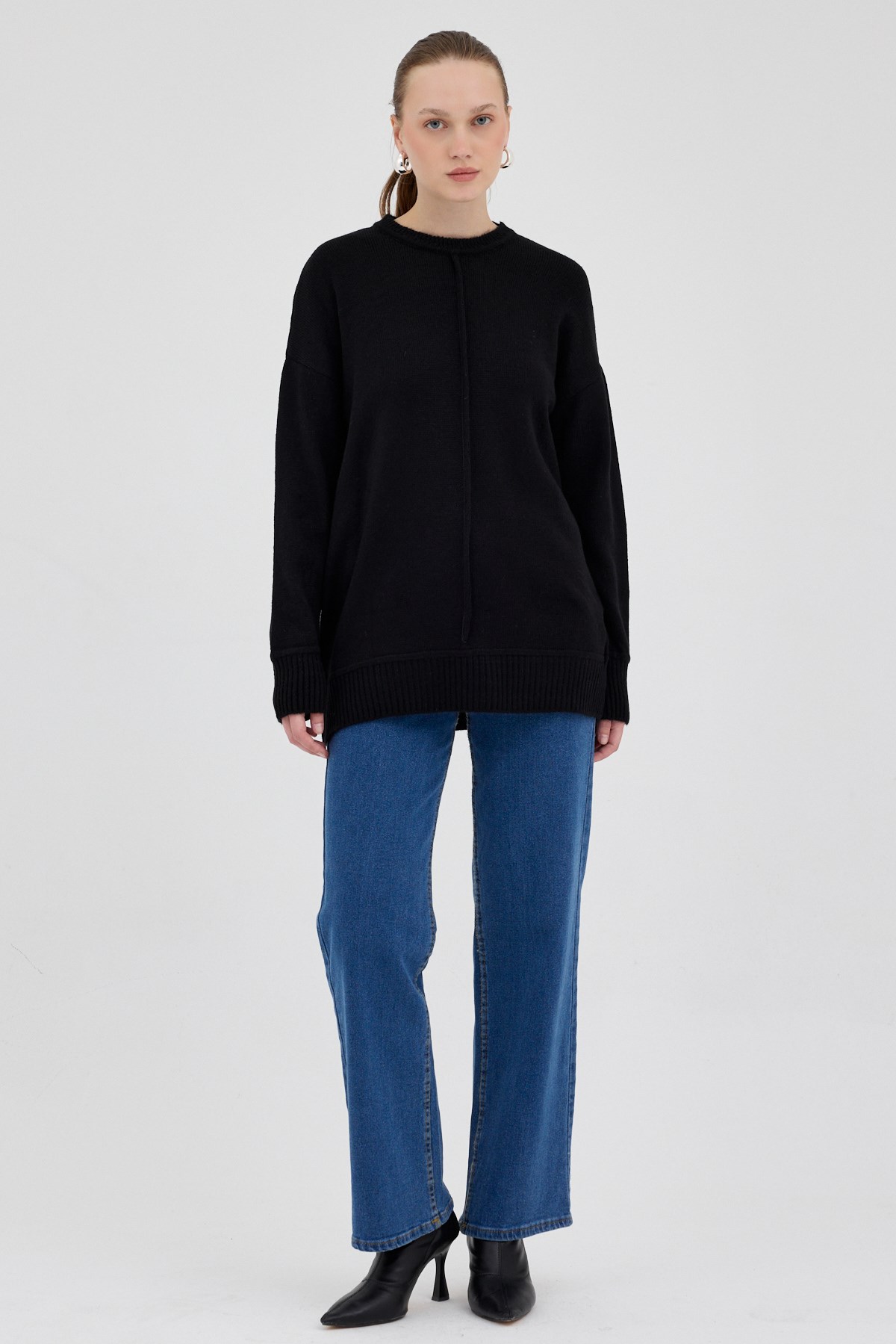 Siyah Oversize Bisiklet Yaka Kadın Kazak 2345 7