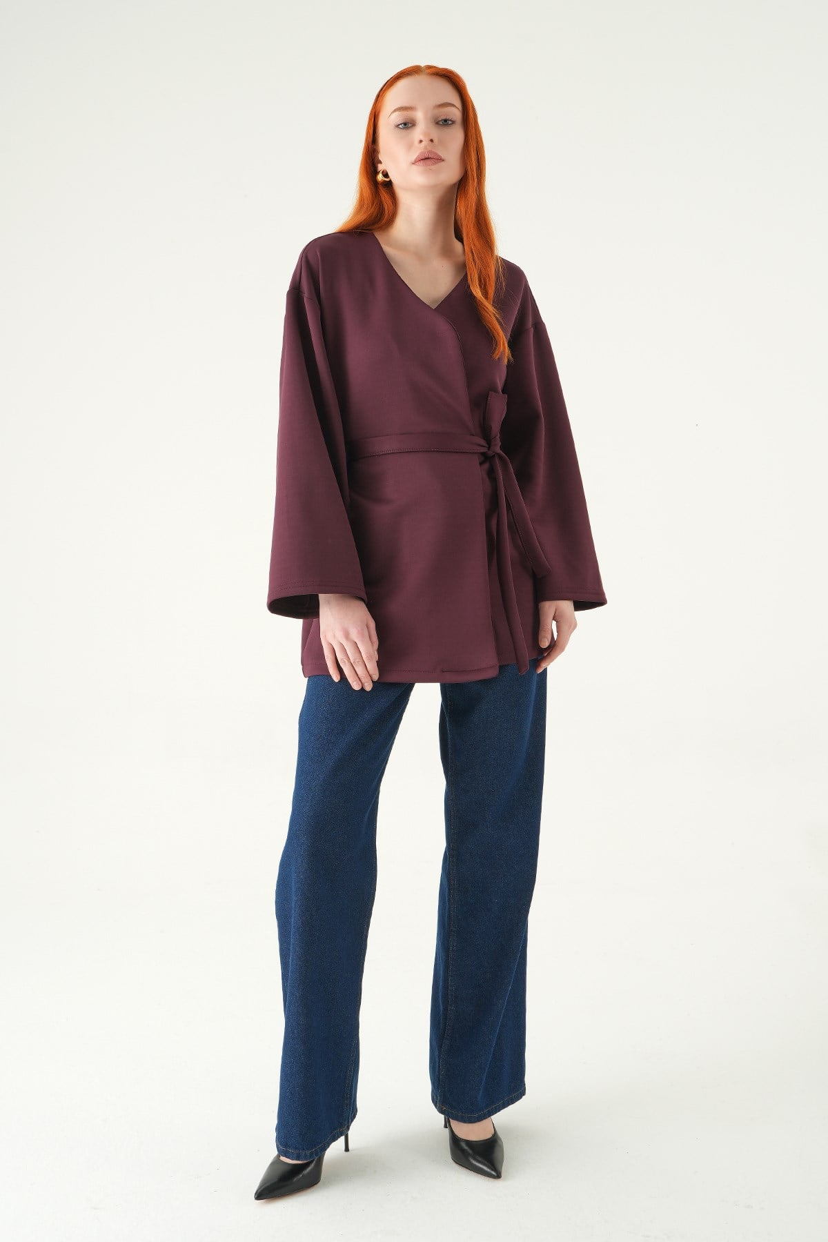 Kuşaklı Geniş Kol Kimono 3068A Mürdüm 3