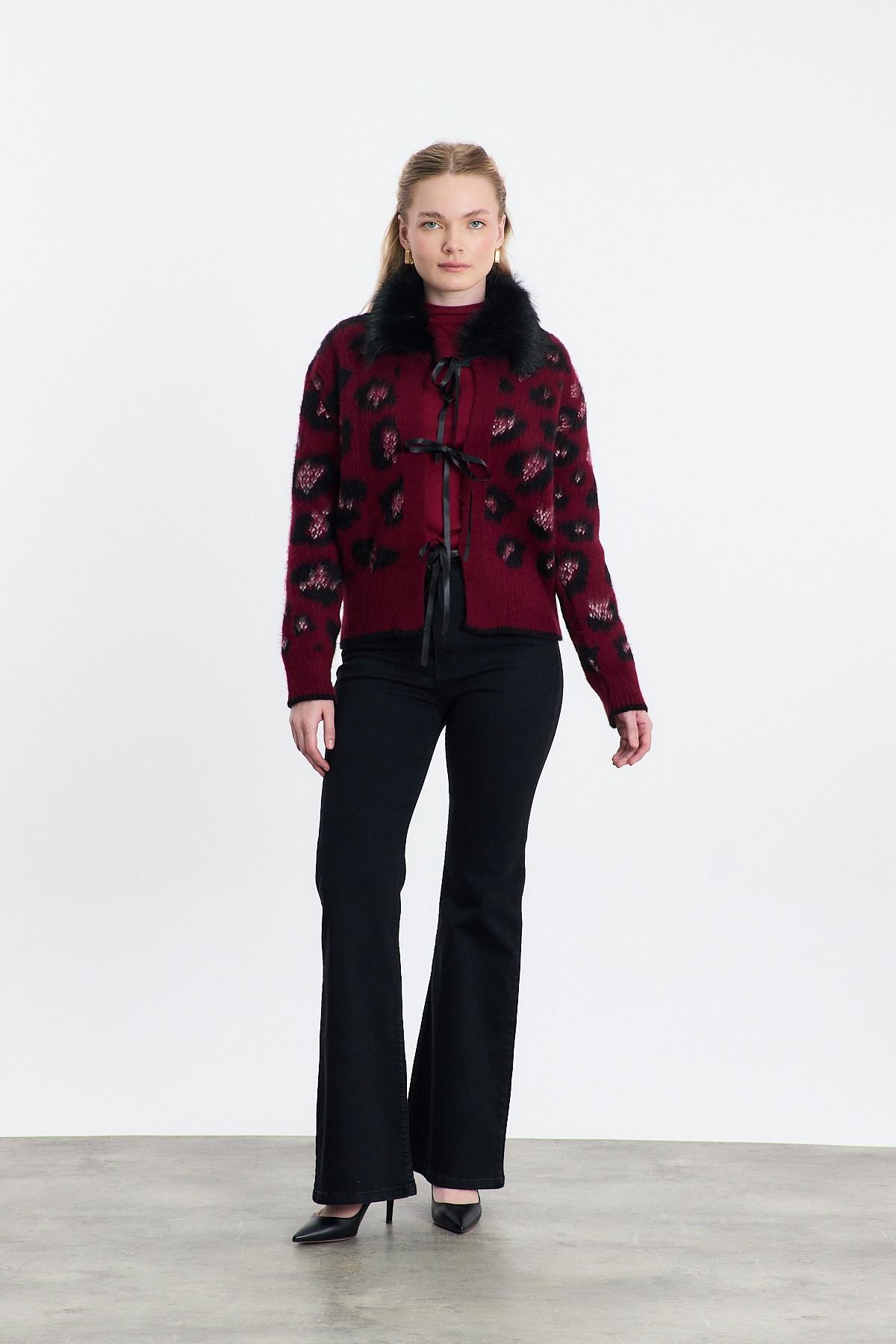 Kürklü Leopar Hırka 22289 Bordo 6