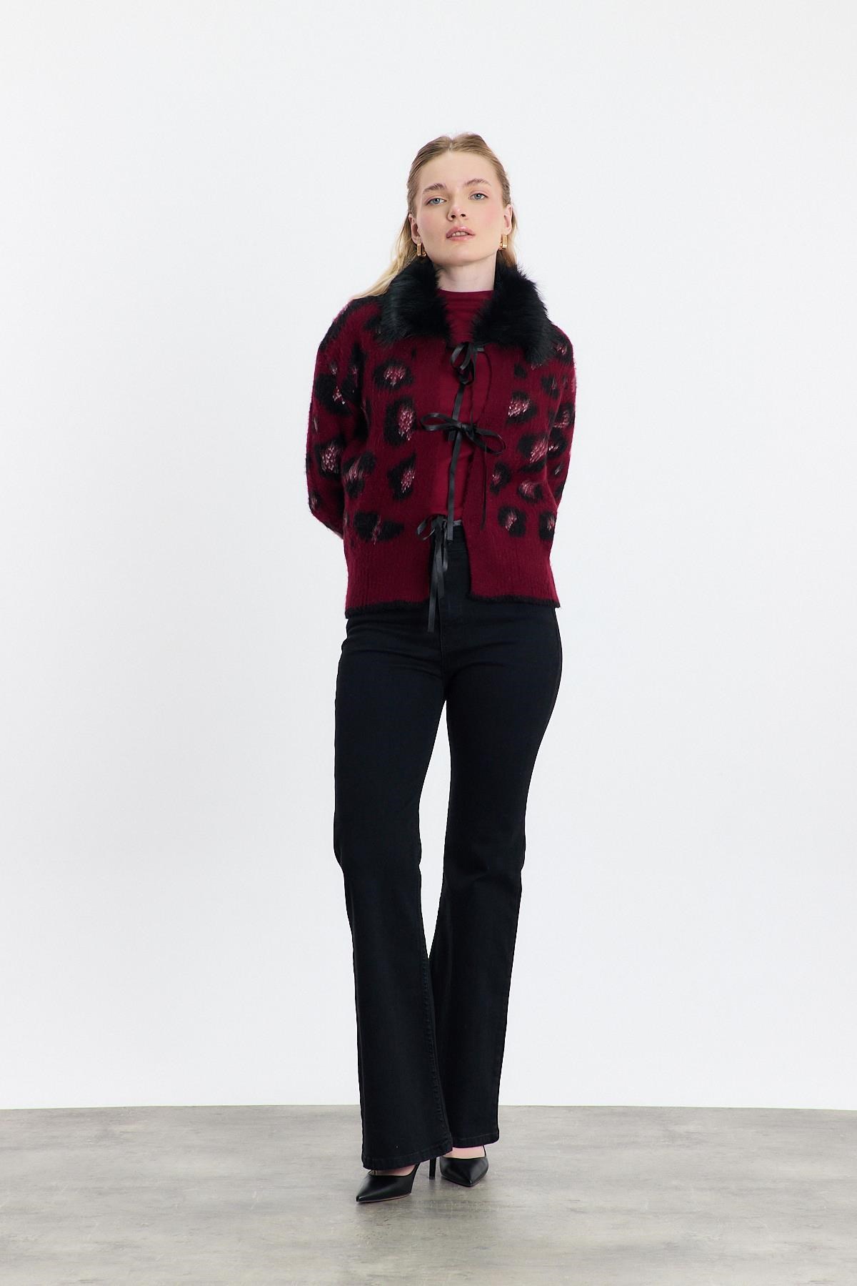 Kürklü Leopar Hırka 22289 Bordo 8