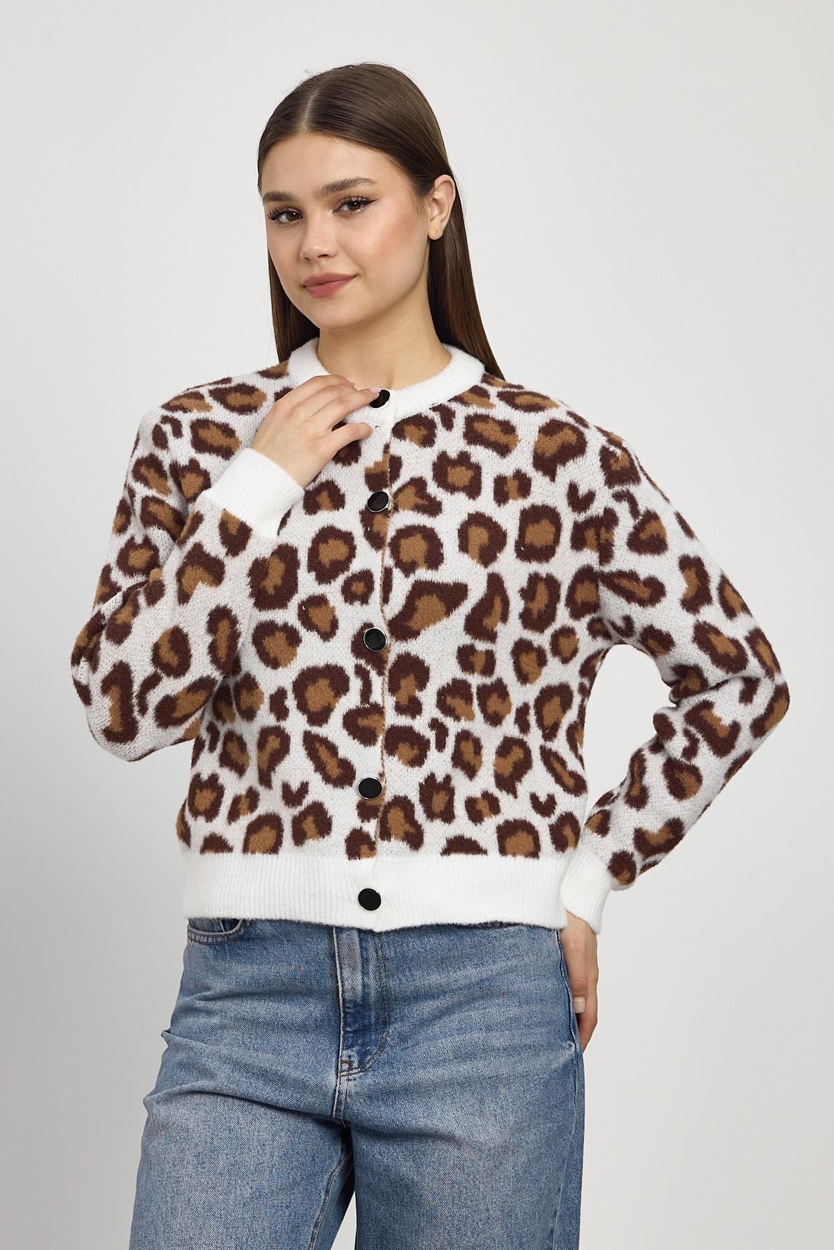 Leopar Detay Triko Hırka 24367 Ekru 8