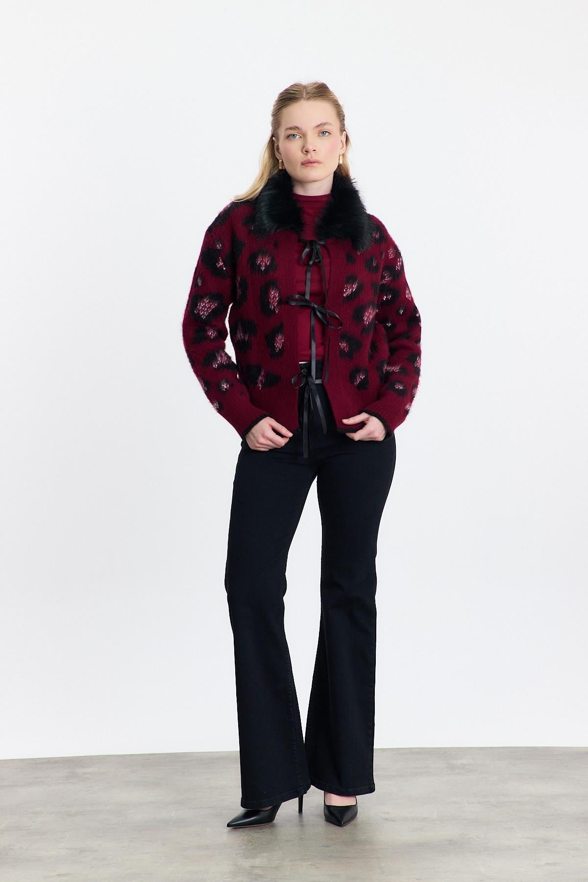 Kürklü Leopar Hırka 22289 Bordo 2